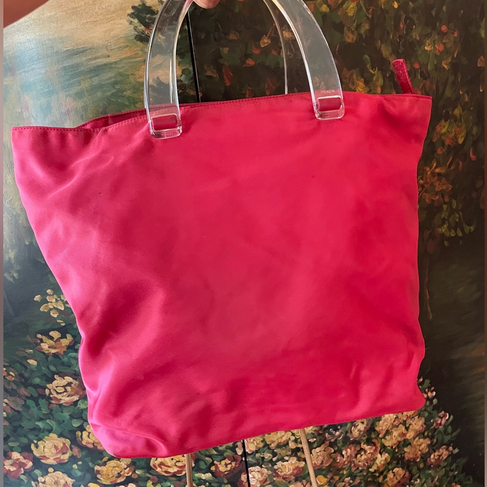 Authentic PRADA Red Nylon and Clear Plastic Handle Tote Handbag .